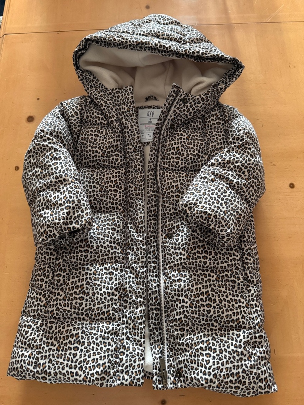 GAP Kids Leopard Hooded Puffer Coat - Cream & Brown Spots